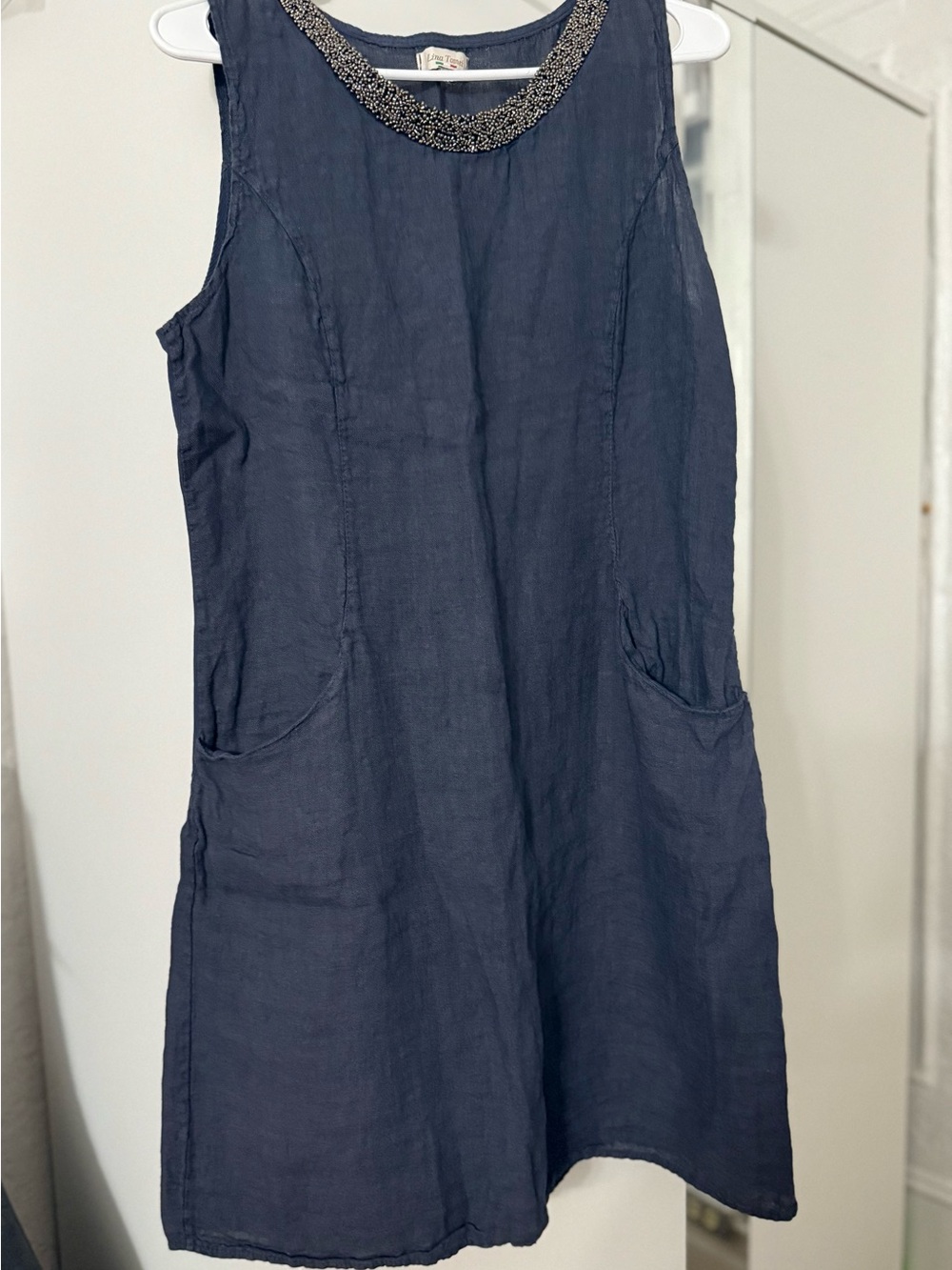 Linen Sleeveless Navy Midi Dress with Beaded Neckline